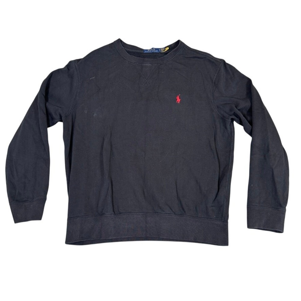 Polo Ralph Lauren Mens Large Black Crew Neck Sweatshirt Red Pony Logo Pullover